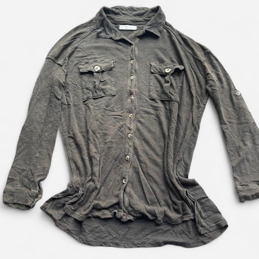We The Free Linen Blend Boho Casual 3/4 Sleeve Button Front Shirt Sz Small